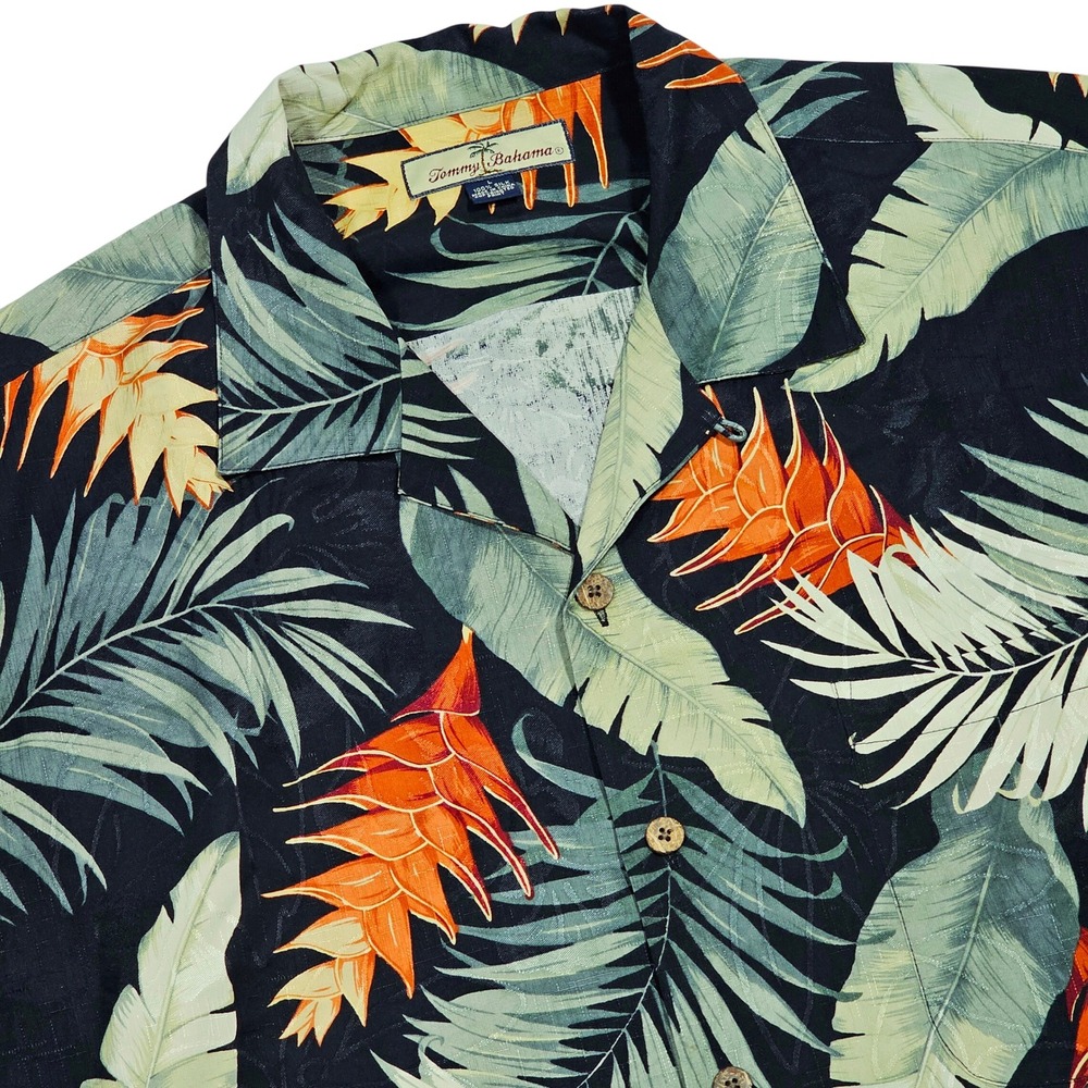 Tommy Bahama Button Up Mens L Black Orange Silk Tropical Palm Leaf Hawaiian